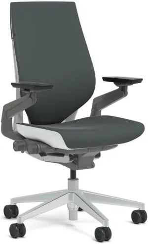 Steelcase Gesture Task Chair: Wrapped Back - Platinum Metallic Frame/Base/Seagull Accent - Adjustable Lumbar Support - Roll Control Hard Floor Casters