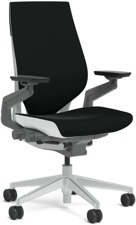 Steelcase Gesture Task Chair: Wrapped Back - Platinum Metallic Frame/Base/Seagull Accent - Adjustable Lumbar Support - Roll Control Hard Floor Casters