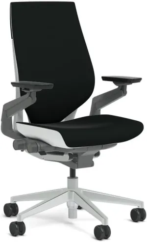 Steelcase Gesture Task Chair: Wrapped Back - Platinum Metallic Frame/Base/Seagull Accent - Adjustable Lumbar Support - Roll Control Hard Floor Casters