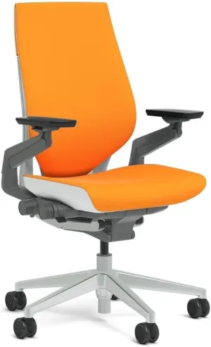 Steelcase Gesture Task Chair: Wrapped Back - Platinum Metallic Frame/Base/Seagull Accent - Adjustable Lumbar Support - Roll Control Hard Floor Casters