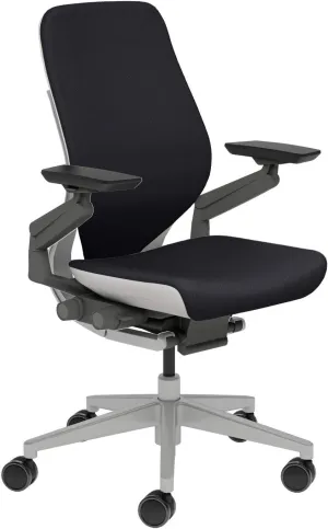 Steelcase Gesture Task Chair: Wrapped Back - Platinum Metallic Frame/Base/Seagull Accent - Adjustable Lumbar Support - Standard Carpet Casters