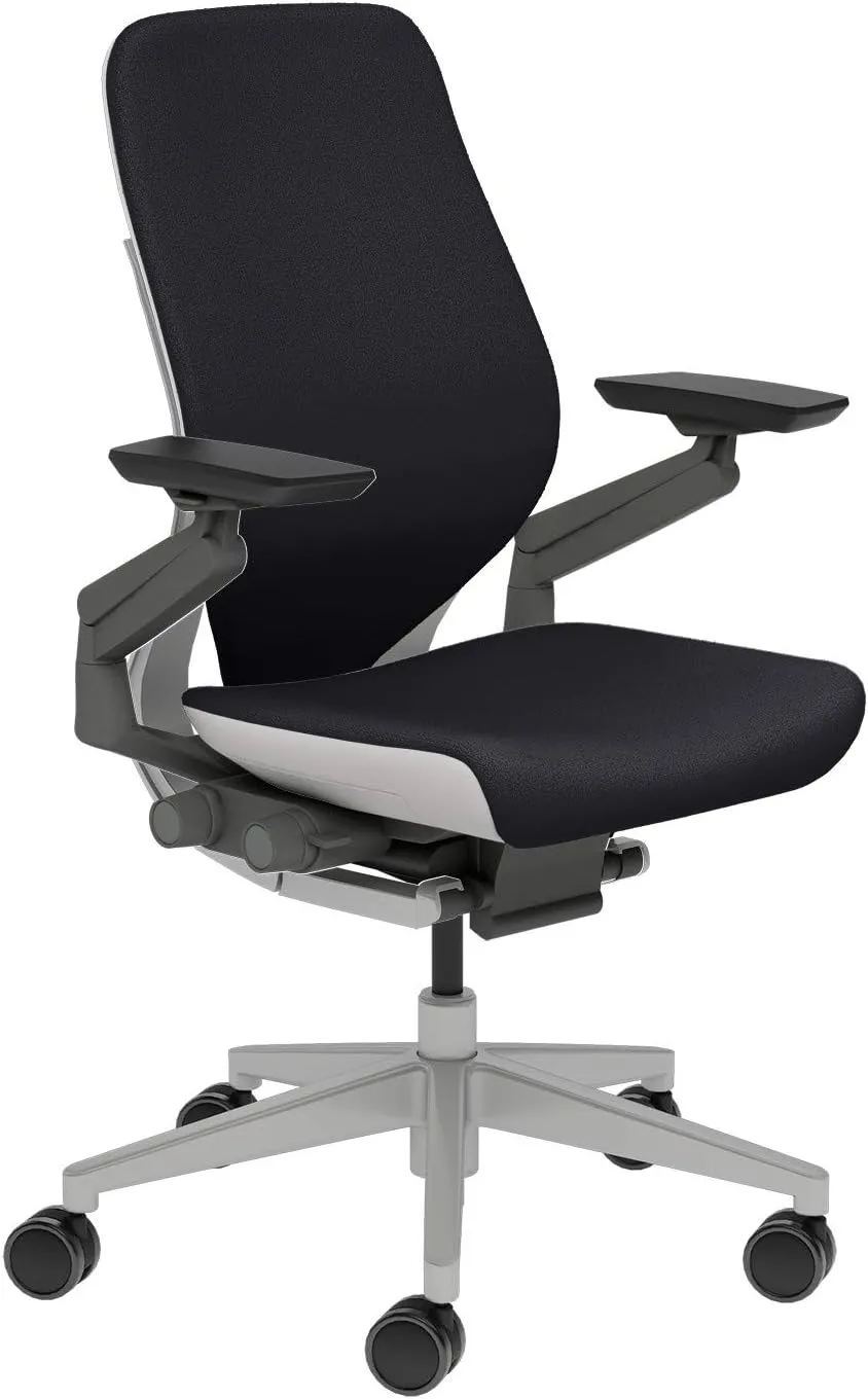 Steelcase Gesture Task Chair: Wrapped Back - Platinum Metallic Frame/Base/Seagull Accent - Adjustable Lumbar Support - Standard Carpet Casters