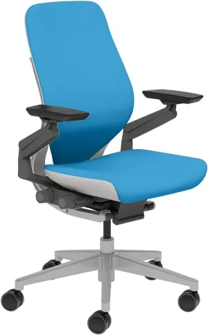 Steelcase Gesture Task Chair: Wrapped Back - Platinum Metallic Frame/Base/Seagull Accent - Adjustable Lumbar Support - Standard Carpet Casters