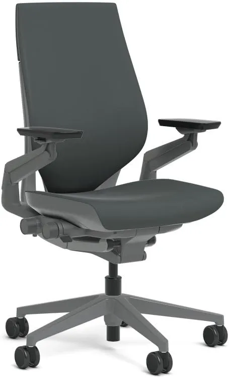 Steelcase Gesture Task Chair: Wrapped Back - Sterling Dark Solid Frame/Base/Merle Accent - Adjustable Lumbar Support - Roll Control Hard Floor Casters