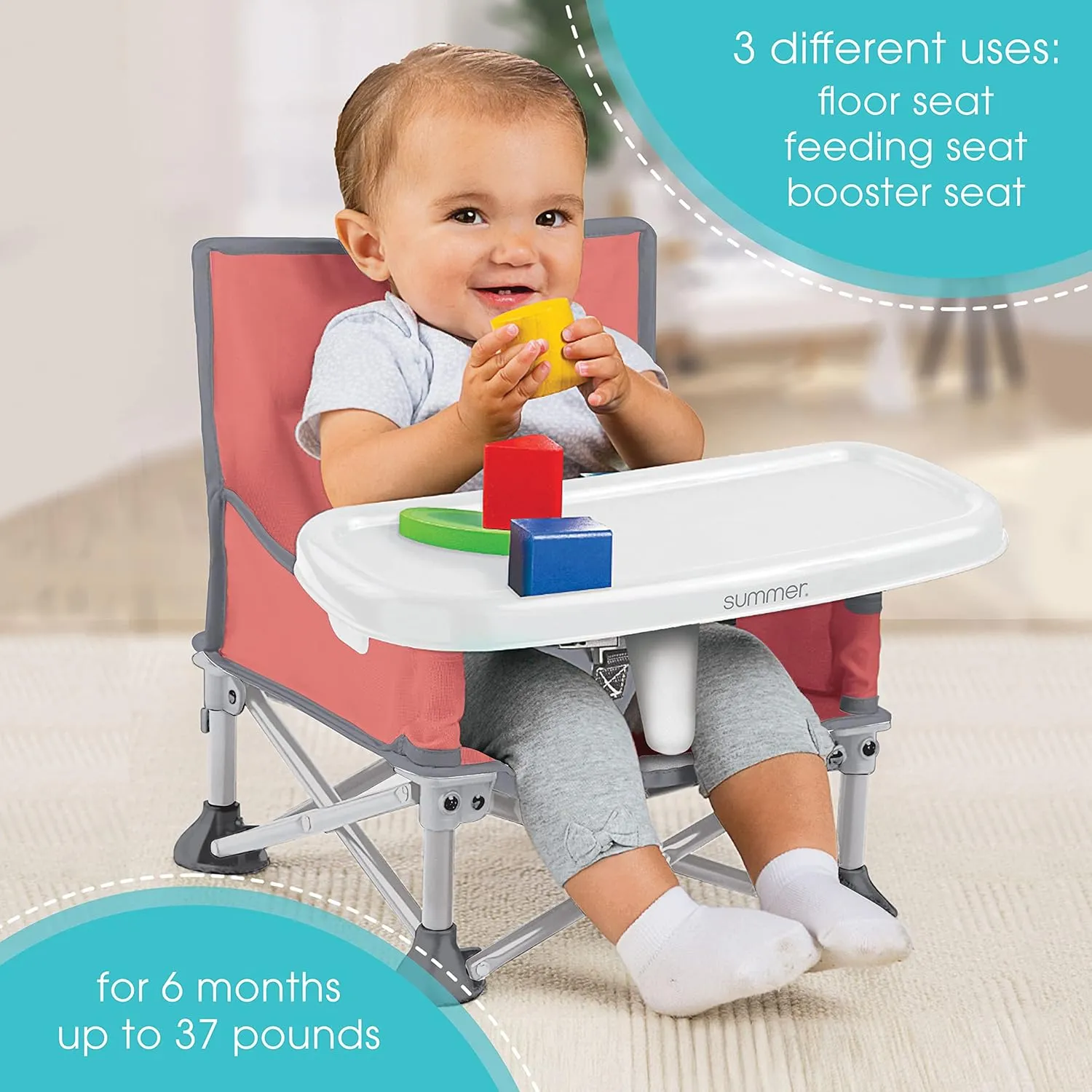Summer by Bright Starts Pop 'N Sit Portable Booster Chair, Floor Seat, Indoor/Outdoor Use, Compact Fold, Coral, 6 Mos - 3 Yrs