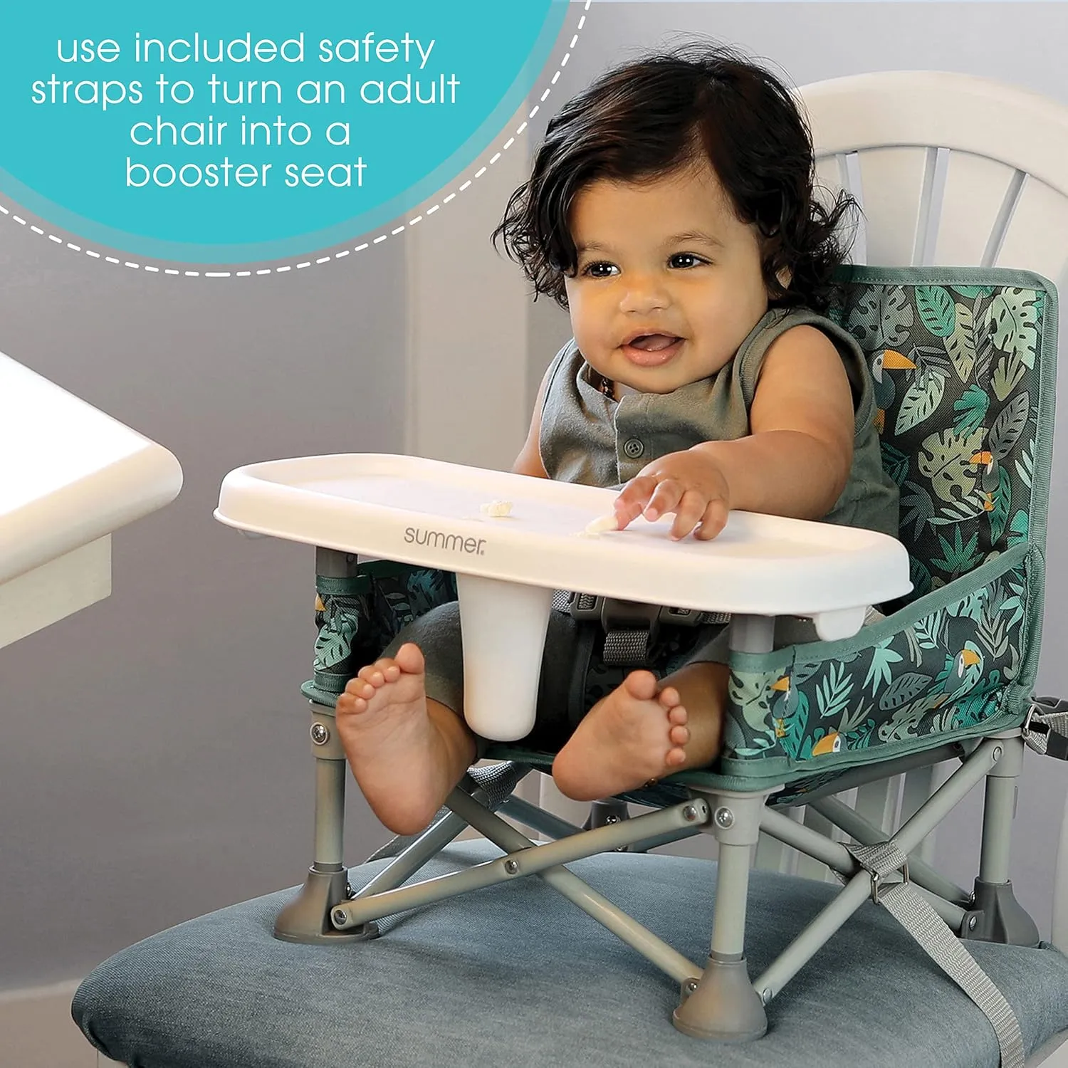 Summer by Bright Starts Pop 'N Sit Portable Booster Chair, Floor Seat, Indoor/Outdoor Use, Compact Fold, Jungle Botanical, 6 Mos - 3 Yrs