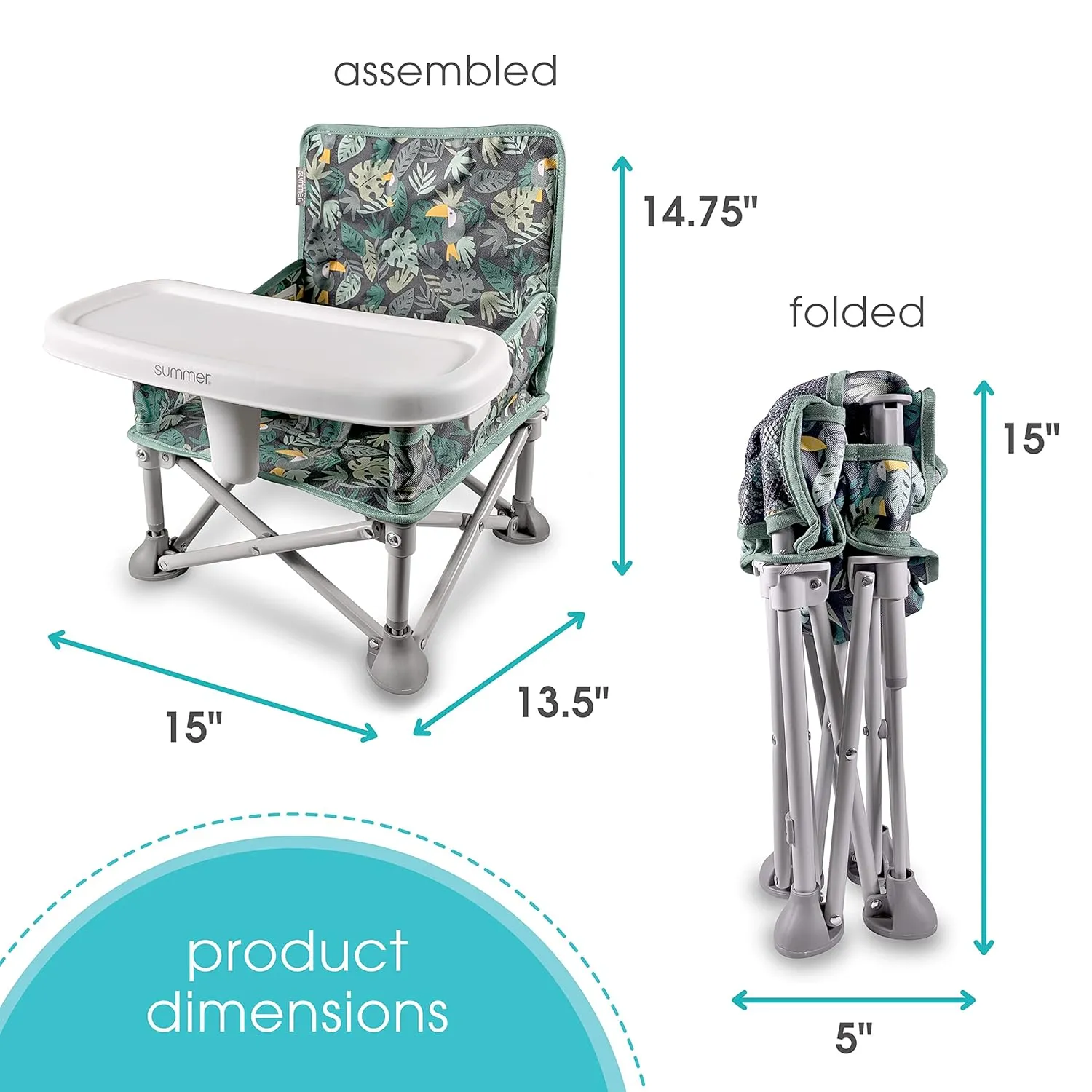 Summer by Bright Starts Pop 'N Sit Portable Booster Chair, Floor Seat, Indoor/Outdoor Use, Compact Fold, Jungle Botanical, 6 Mos - 3 Yrs