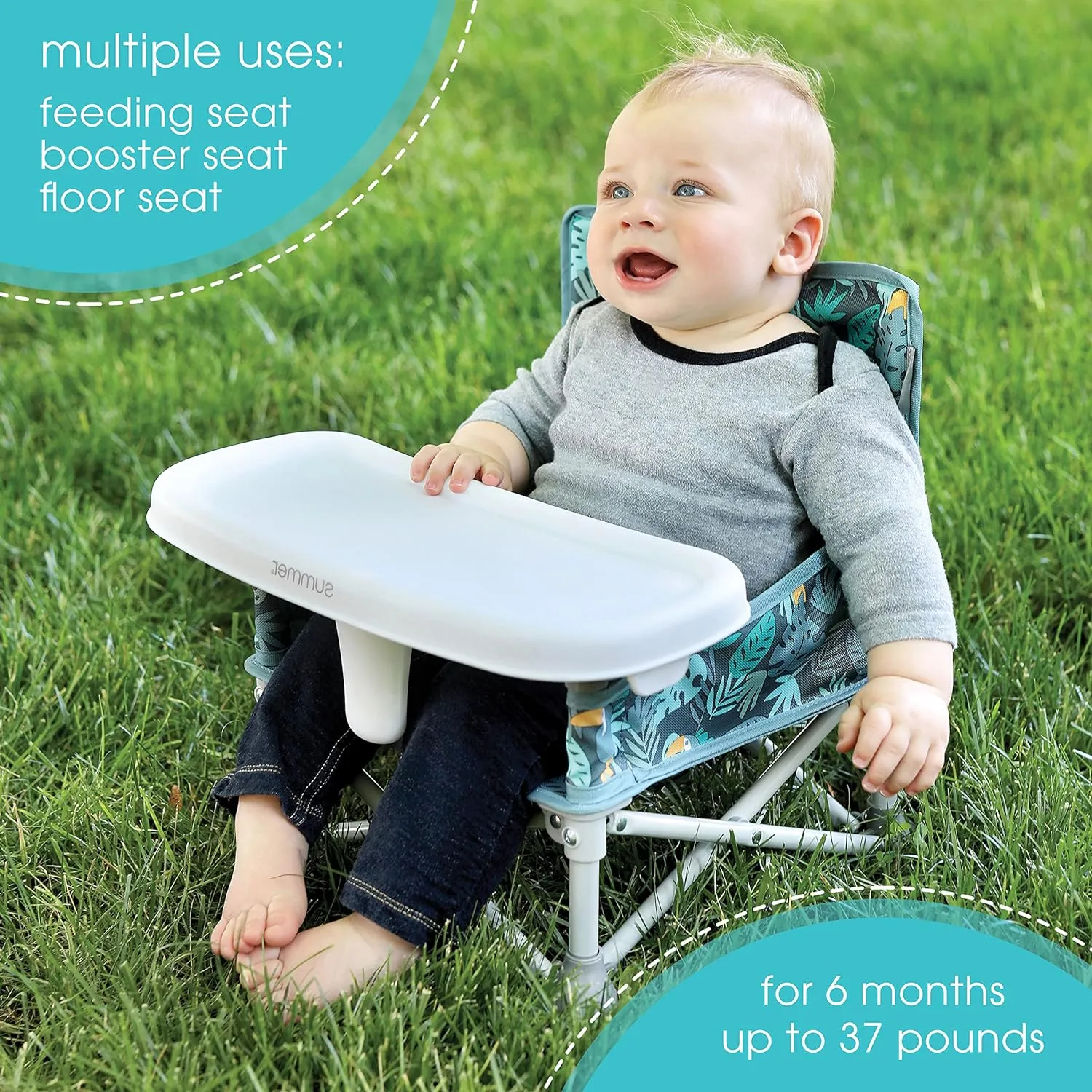 Summer by Bright Starts Pop 'N Sit Portable Booster Chair, Floor Seat, Indoor/Outdoor Use, Compact Fold, Jungle Botanical, 6 Mos - 3 Yrs