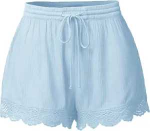 Summer Casual Shorts for Women Lace Trim Comfy Pajama Bottoms Elastic Waist Drawstring Loose Yoga Lounge Short Pants