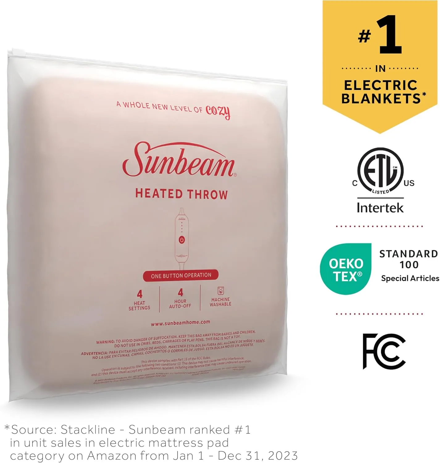 Sunbeam Royal Posh Ribbed Champagne Heated Personal Throw / Blanket, Cozy-Warm, Adjustable Heat Settings