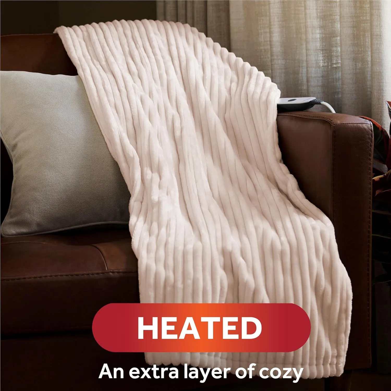 Sunbeam Royal Posh Ribbed Champagne Heated Personal Throw / Blanket, Cozy-Warm, Adjustable Heat Settings