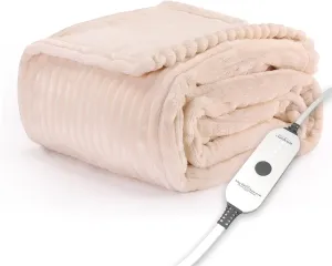 Sunbeam Royal Posh Ribbed Champagne Heated Personal Throw / Blanket, Cozy-Warm, Adjustable Heat Settings