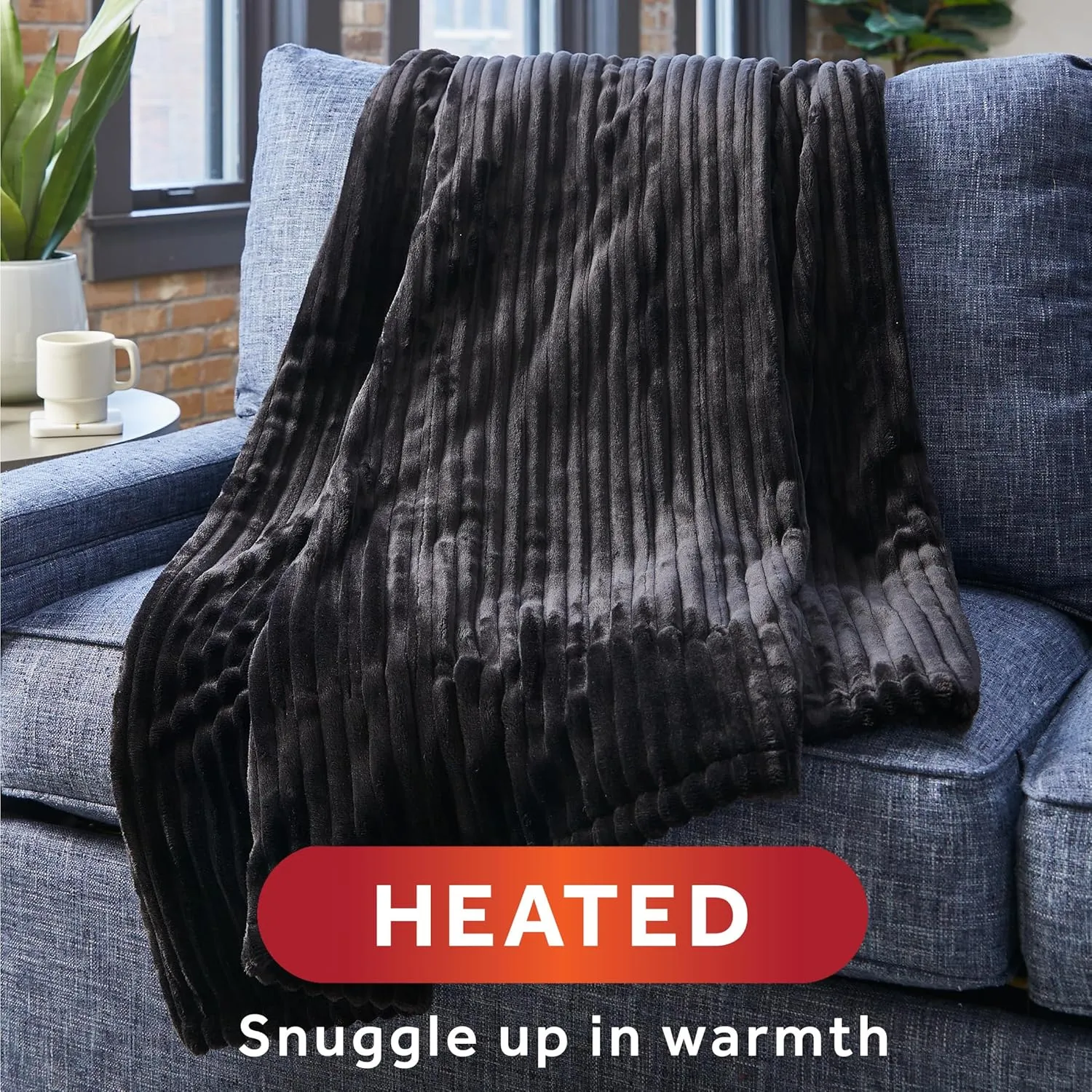 Sunbeam Royal Posh Ribbed Ebony Heated Personal Throw / Blanket, Cozy-Warm, Adjustable Heat Settings