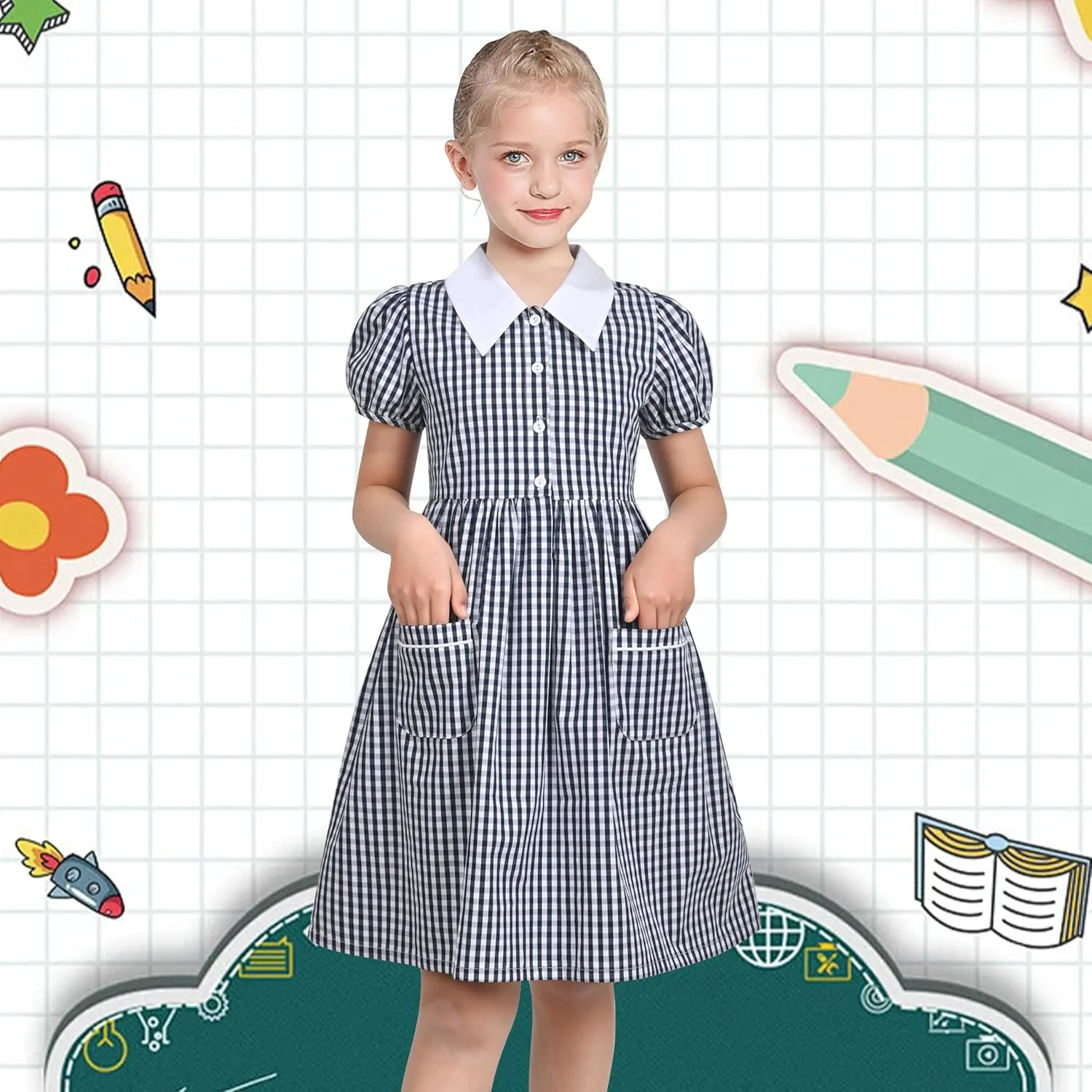Sunny Fashion Girls Dress Beige Short Sleeve Collar Button Front School Uniform