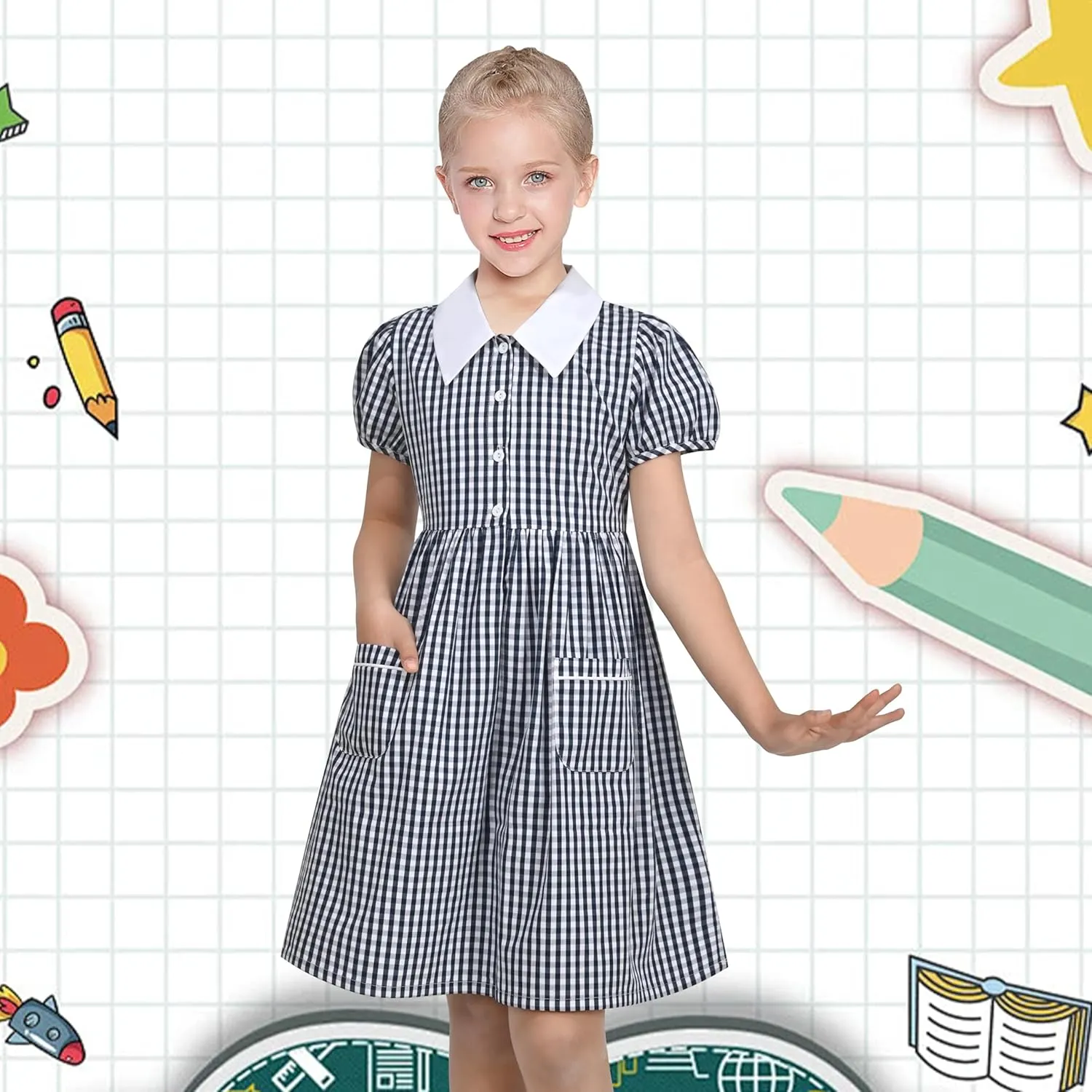 Sunny Fashion Girls Dress Beige Short Sleeve Collar Button Front School Uniform