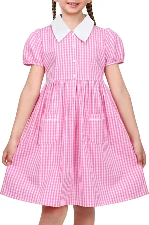 Sunny Fashion Girls Dress Beige Short Sleeve Collar Button Front School Uniform