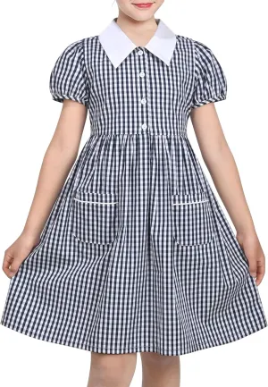 Sunny Fashion Girls Dress Beige Short Sleeve Collar Button Front School Uniform