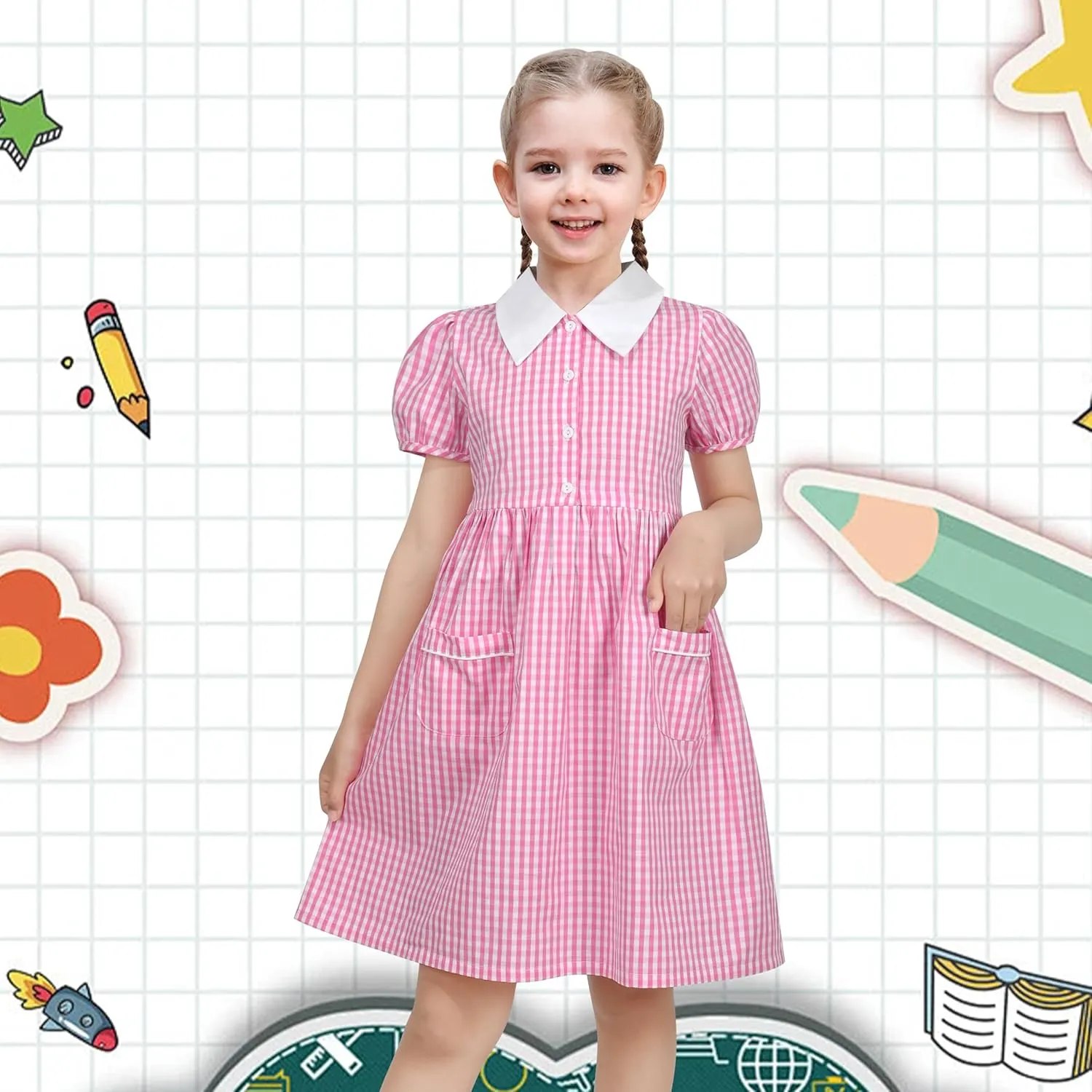 Sunny Fashion Girls Dress Beige Short Sleeve Collar Button Front School Uniform