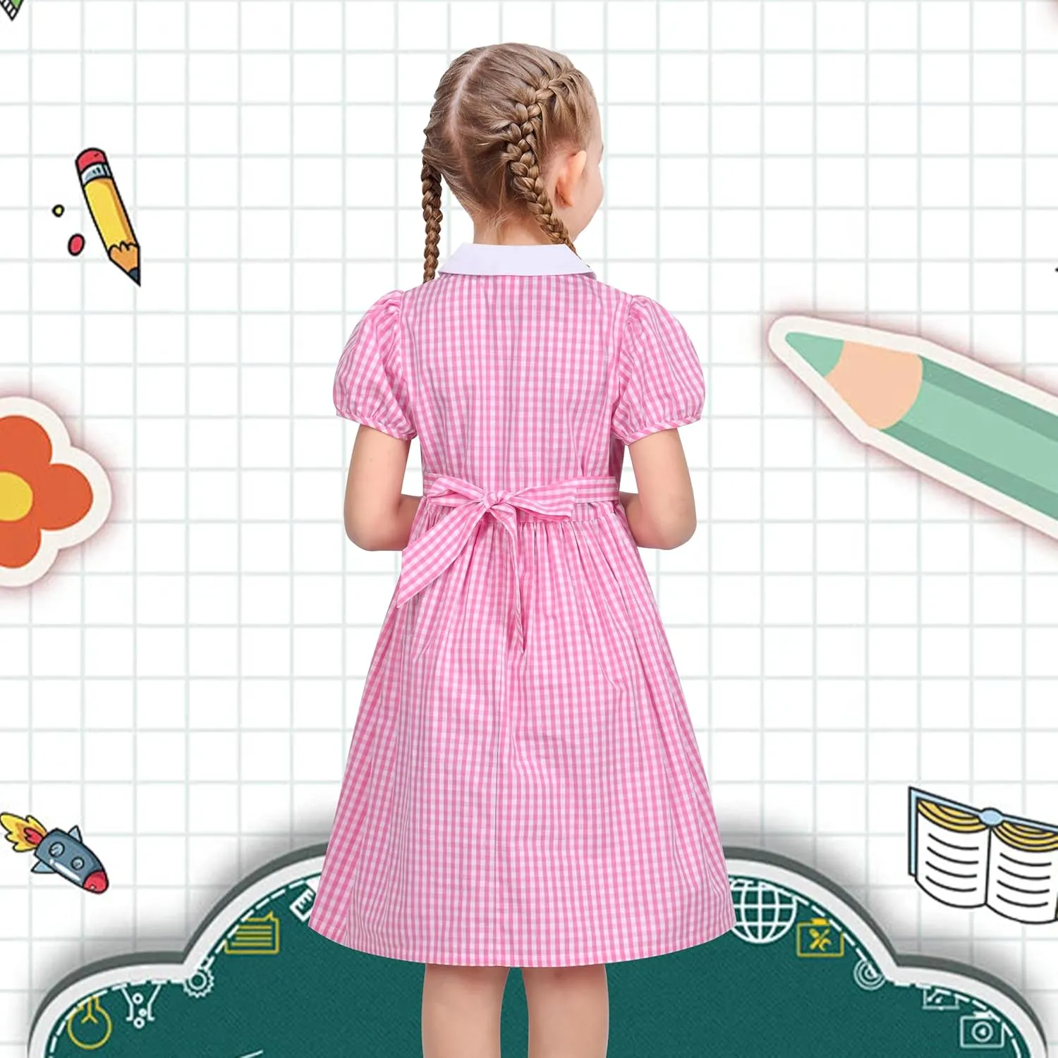 Sunny Fashion Girls Dress Beige Short Sleeve Collar Button Front School Uniform