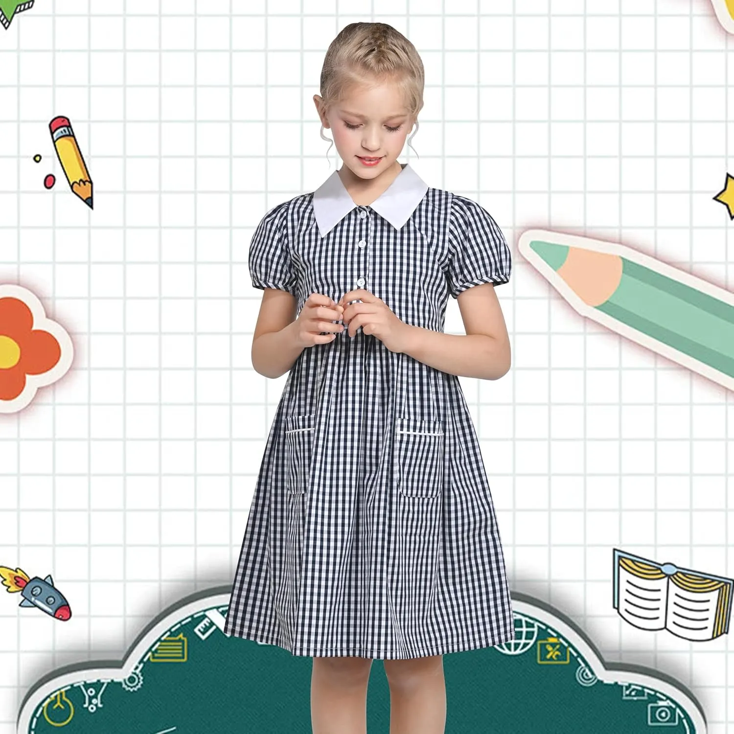 Sunny Fashion Girls Dress Beige Short Sleeve Collar Button Front School Uniform