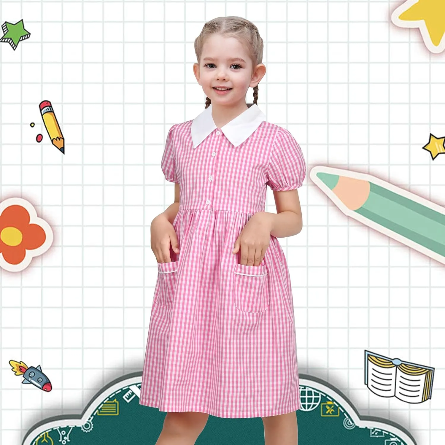 Sunny Fashion Girls Dress Beige Short Sleeve Collar Button Front School Uniform