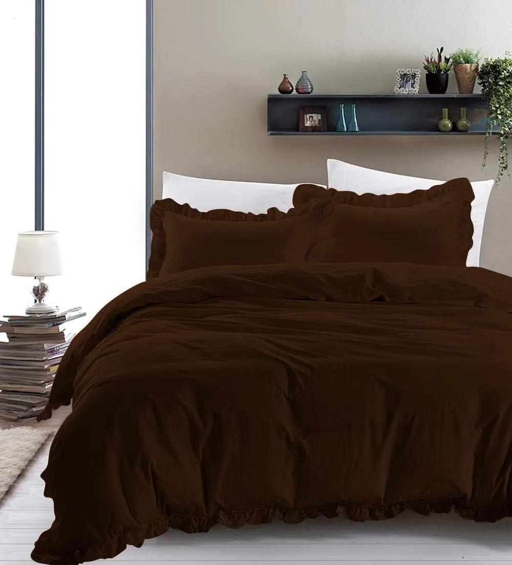 Super Soft 800 TC 3 Piece Chocolate Edge Ruffle Frilled Twin Duvet Cover Set (Duvet Cover   2 Pillowcases) Egyptian Cotton Button Closure Bedding Duvet Cover
