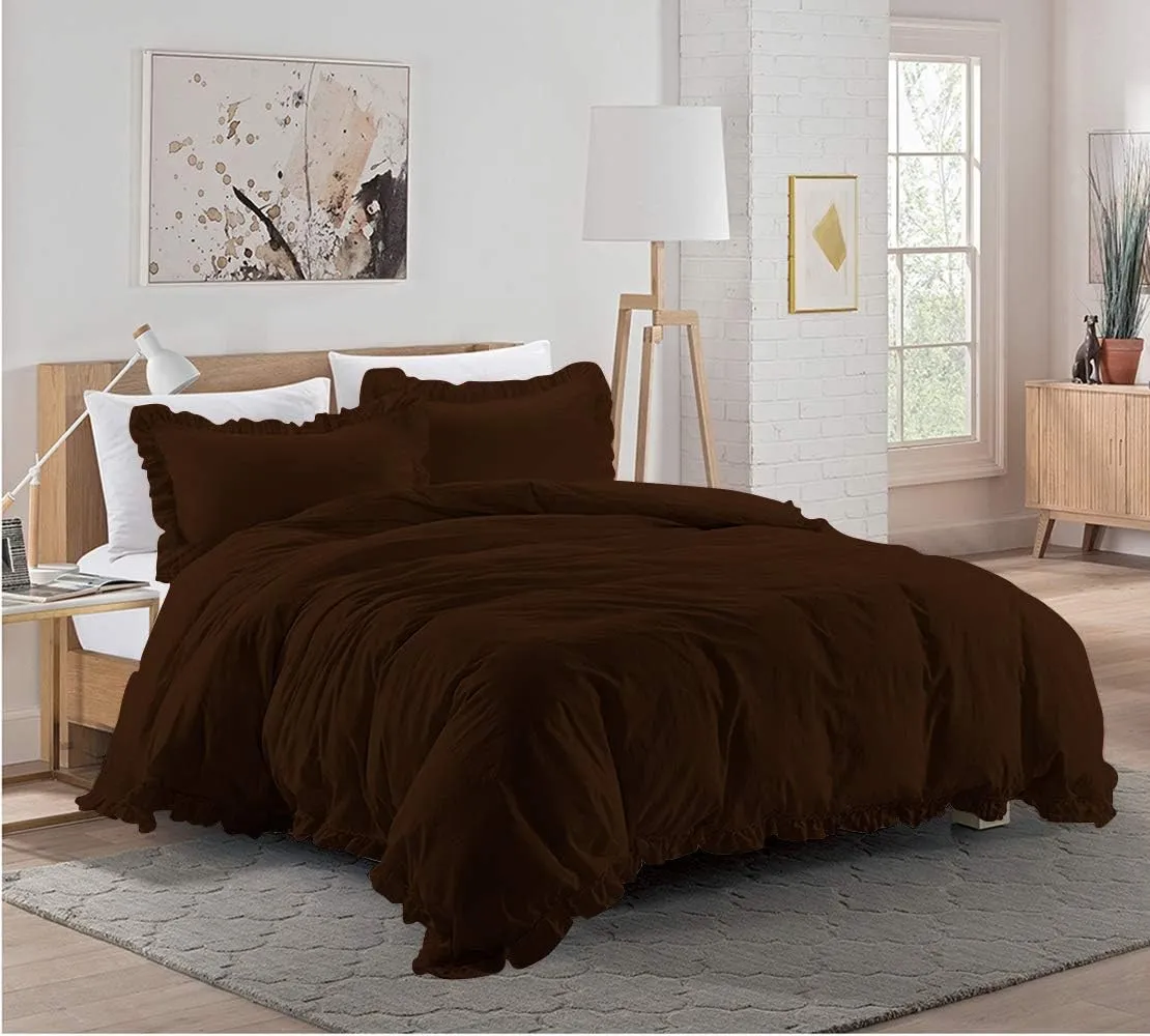 Super Soft 800 TC 3 Piece Chocolate Edge Ruffle Frilled Twin Duvet Cover Set (Duvet Cover   2 Pillowcases) Egyptian Cotton Button Closure Bedding Duvet Cover