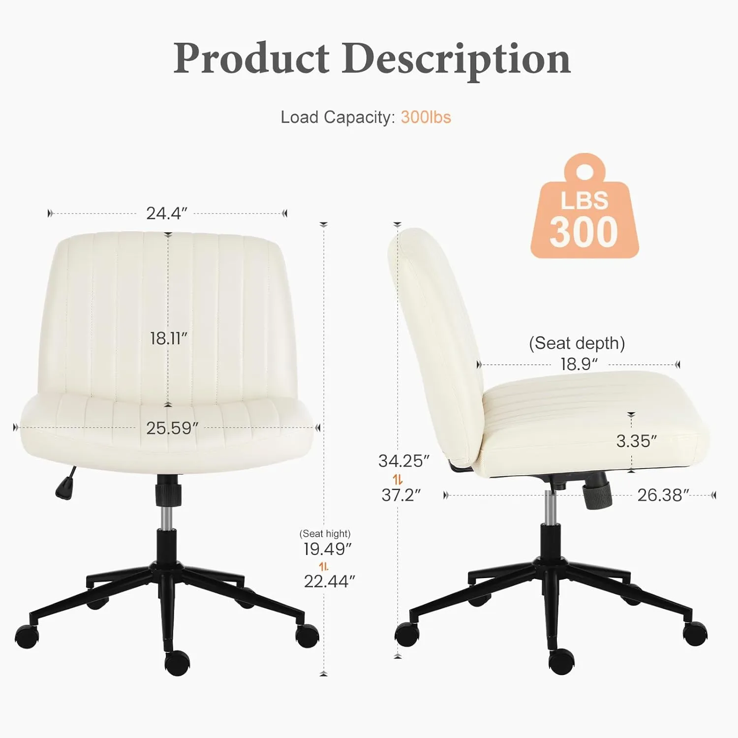 Sweetcrispy Criss Cross Chair Legged, Armless Office Desk Chair with Wheels, PU Leather Swivel Vanity Height Adjustable Wide Seat Computer Task Seating - Beige