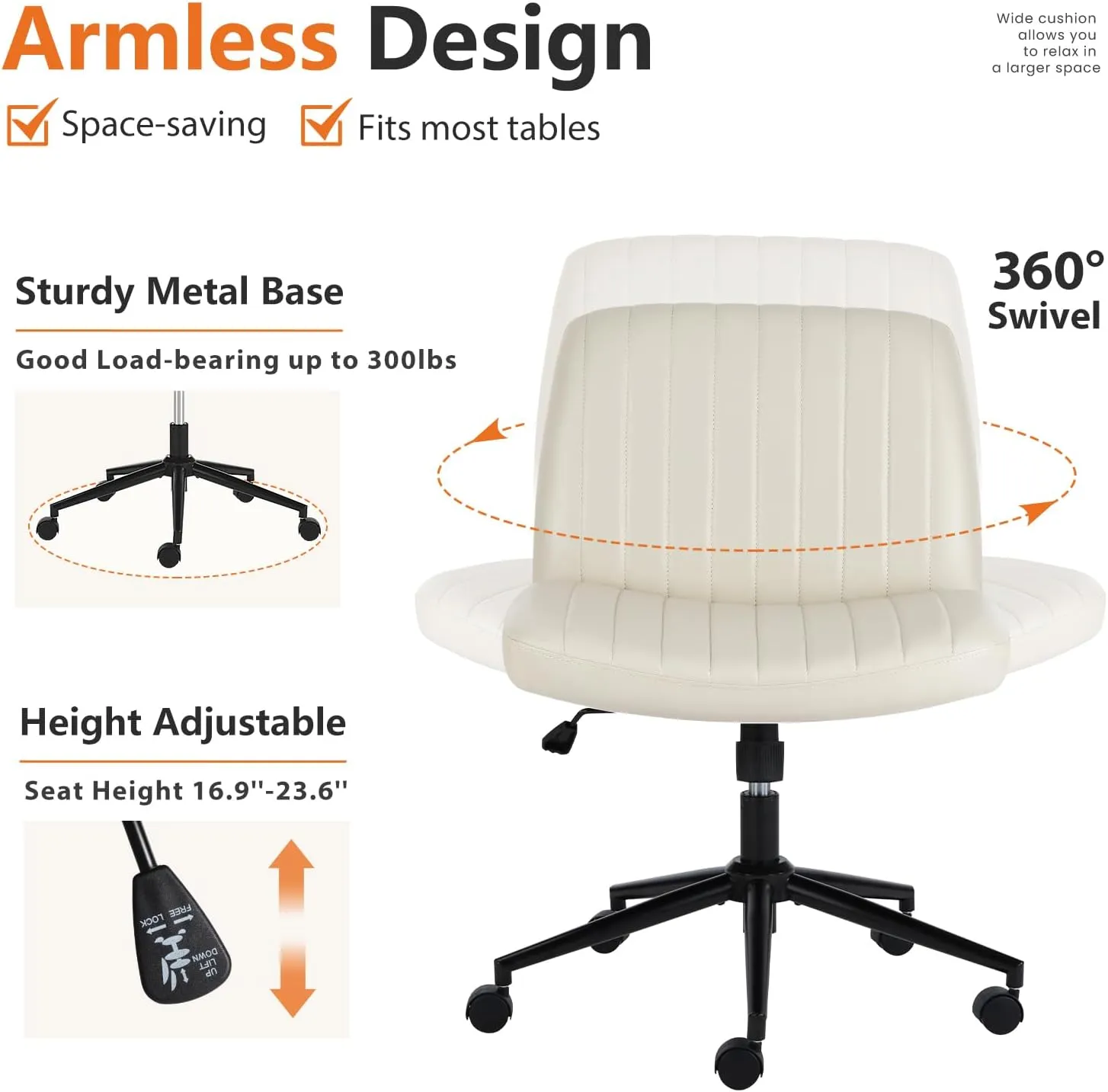 Sweetcrispy Criss Cross Chair Legged, Armless Office Desk Chair with Wheels, PU Leather Swivel Vanity Height Adjustable Wide Seat Computer Task Seating - Beige