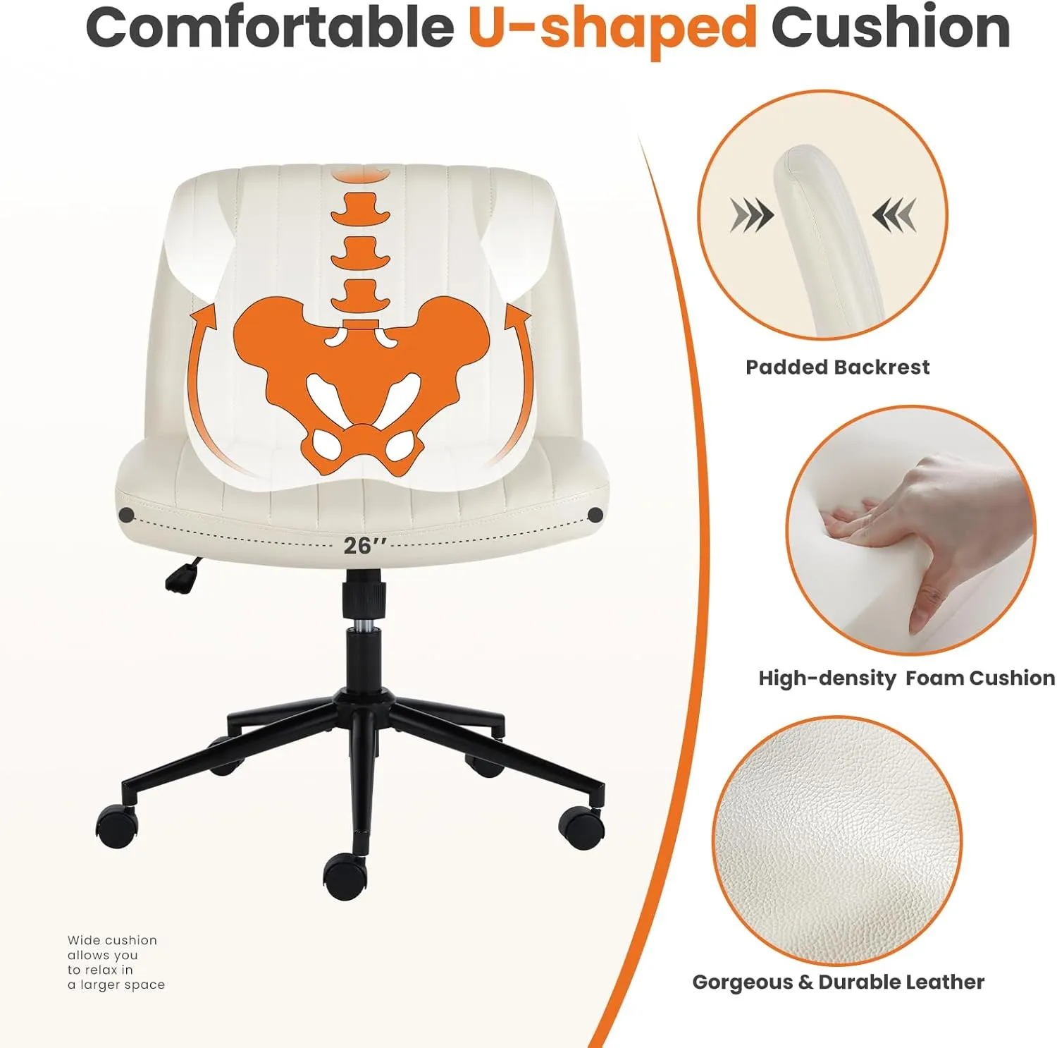 Sweetcrispy Criss Cross Chair Legged, Armless Office Desk Chair with Wheels, PU Leather Swivel Vanity Height Adjustable Wide Seat Computer Task Seating - Beige