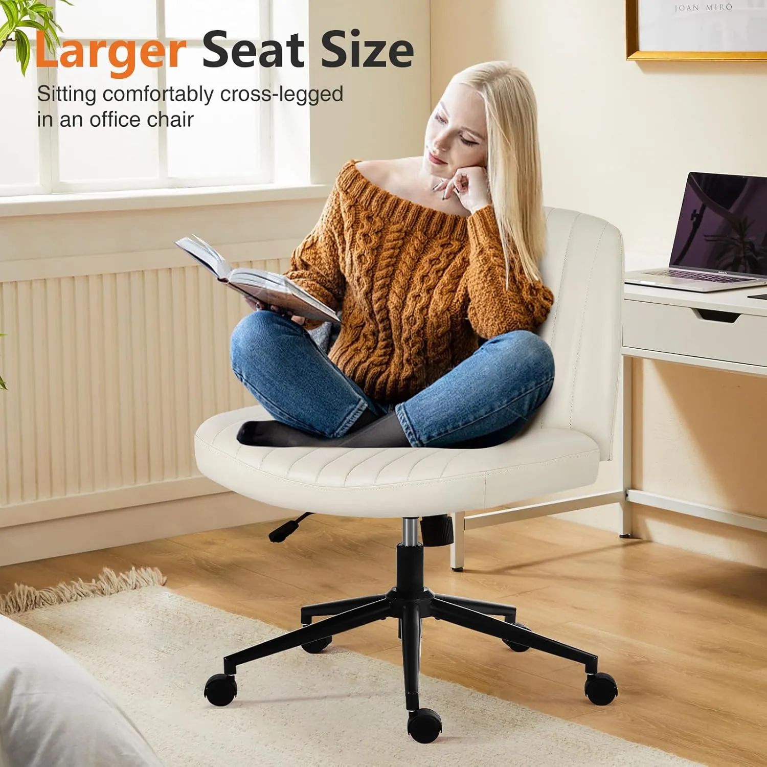 Sweetcrispy Criss Cross Chair Legged, Armless Office Desk Chair with Wheels, PU Leather Swivel Vanity Height Adjustable Wide Seat Computer Task Seating - Beige