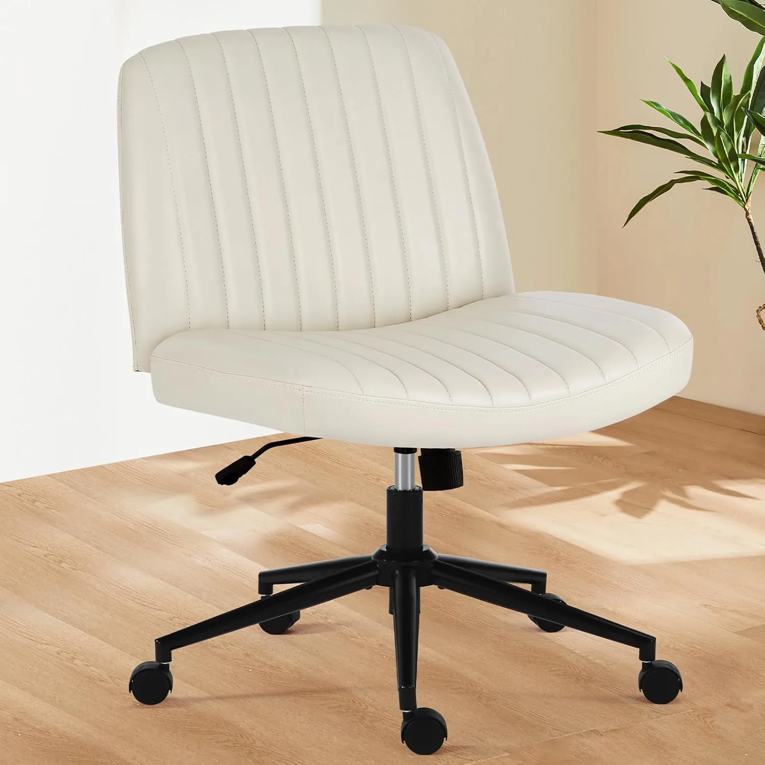 Sweetcrispy Criss Cross Chair Legged, Armless Office Desk Chair with Wheels, PU Leather Swivel Vanity Height Adjustable Wide Seat Computer Task Seating - Beige