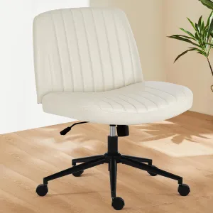 Sweetcrispy Criss Cross Chair Legged, Armless Office Desk Chair with Wheels, PU Leather Swivel Vanity Height Adjustable Wide Seat Computer Task Seating - Beige