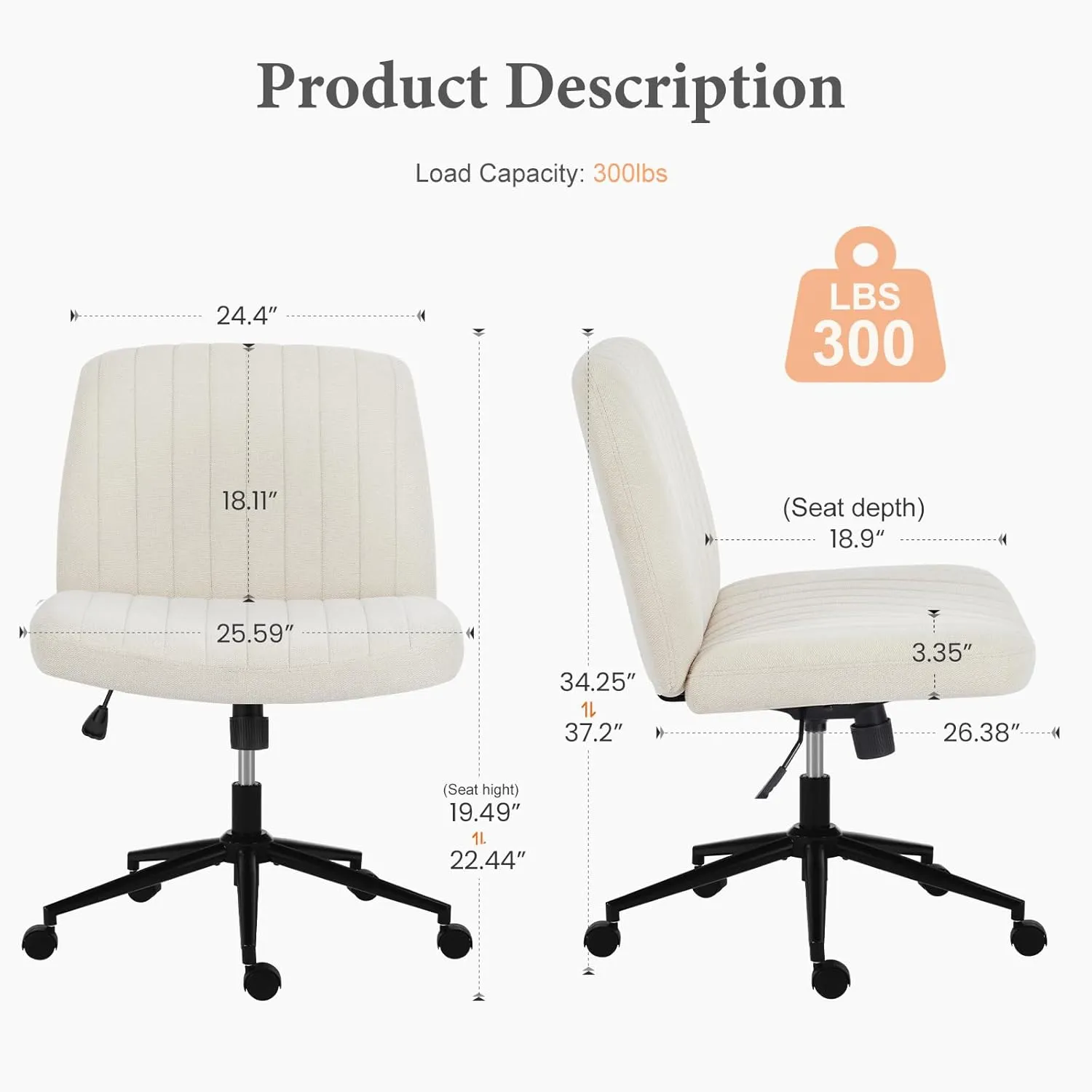 Sweetcrispy Criss Cross Chair Legged, Armless Office Desk Chair with Wheels, Swivel Vanity Height Adjustable Wide Seat Computer Task Seating - Beige