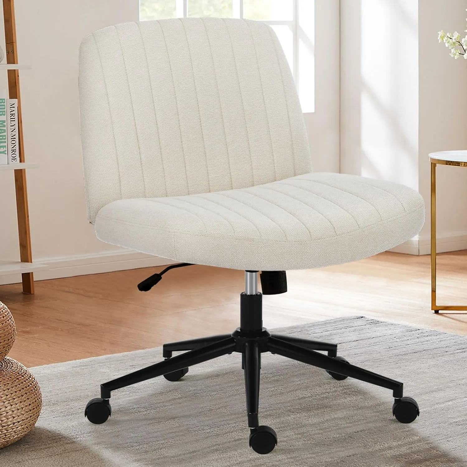 Sweetcrispy Criss Cross Chair Legged, Armless Office Desk Chair with Wheels, Swivel Vanity Height Adjustable Wide Seat Computer Task Seating - Beige
