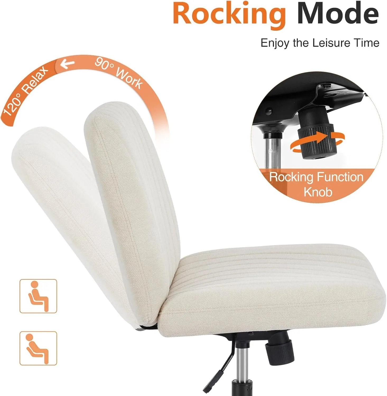 Sweetcrispy Criss Cross Chair Legged, Armless Office Desk Chair with Wheels, Swivel Vanity Height Adjustable Wide Seat Computer Task Seating - Beige