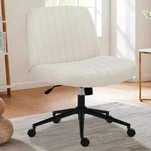 Sweetcrispy Criss Cross Chair Legged, Armless Office Desk Chair with Wheels, Swivel Vanity Height Adjustable Wide Seat Computer Task Seating - Beige