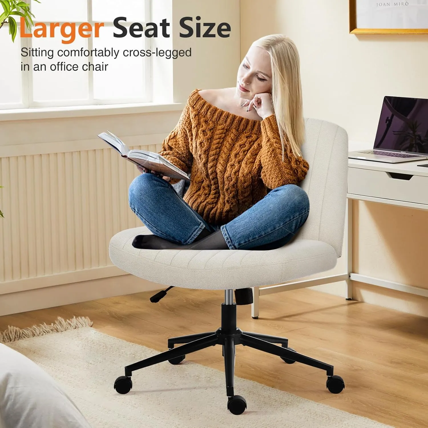 Sweetcrispy Criss Cross Chair Legged, Armless Office Desk Chair with Wheels, Swivel Vanity Height Adjustable Wide Seat Computer Task Seating - Beige