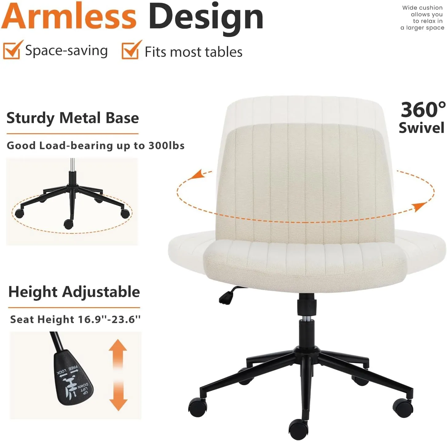 Sweetcrispy Criss Cross Chair Legged, Armless Office Desk Chair with Wheels, Swivel Vanity Height Adjustable Wide Seat Computer Task Seating - Beige