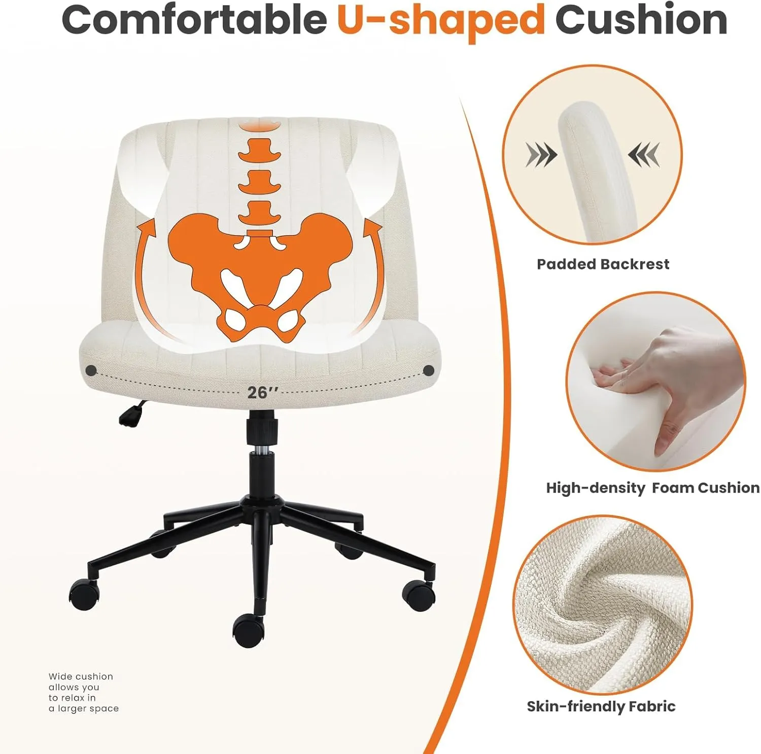 Sweetcrispy Criss Cross Chair Legged, Armless Office Desk Chair with Wheels, Swivel Vanity Height Adjustable Wide Seat Computer Task Seating - Beige