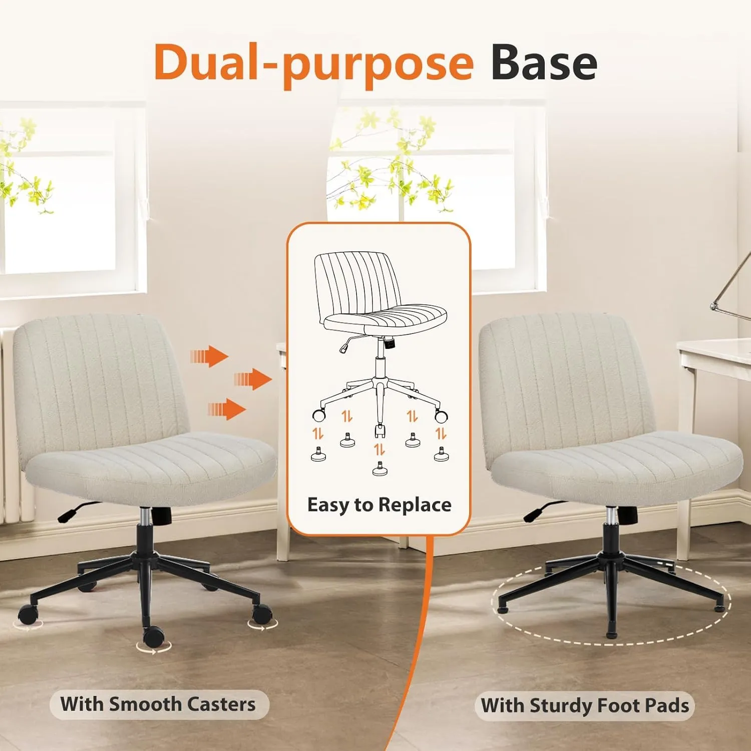 Sweetcrispy Criss Cross Chair Legged, Armless Office Desk Chair with Wheels, Swivel Vanity Height Adjustable Wide Seat Computer Task Seating - Beige