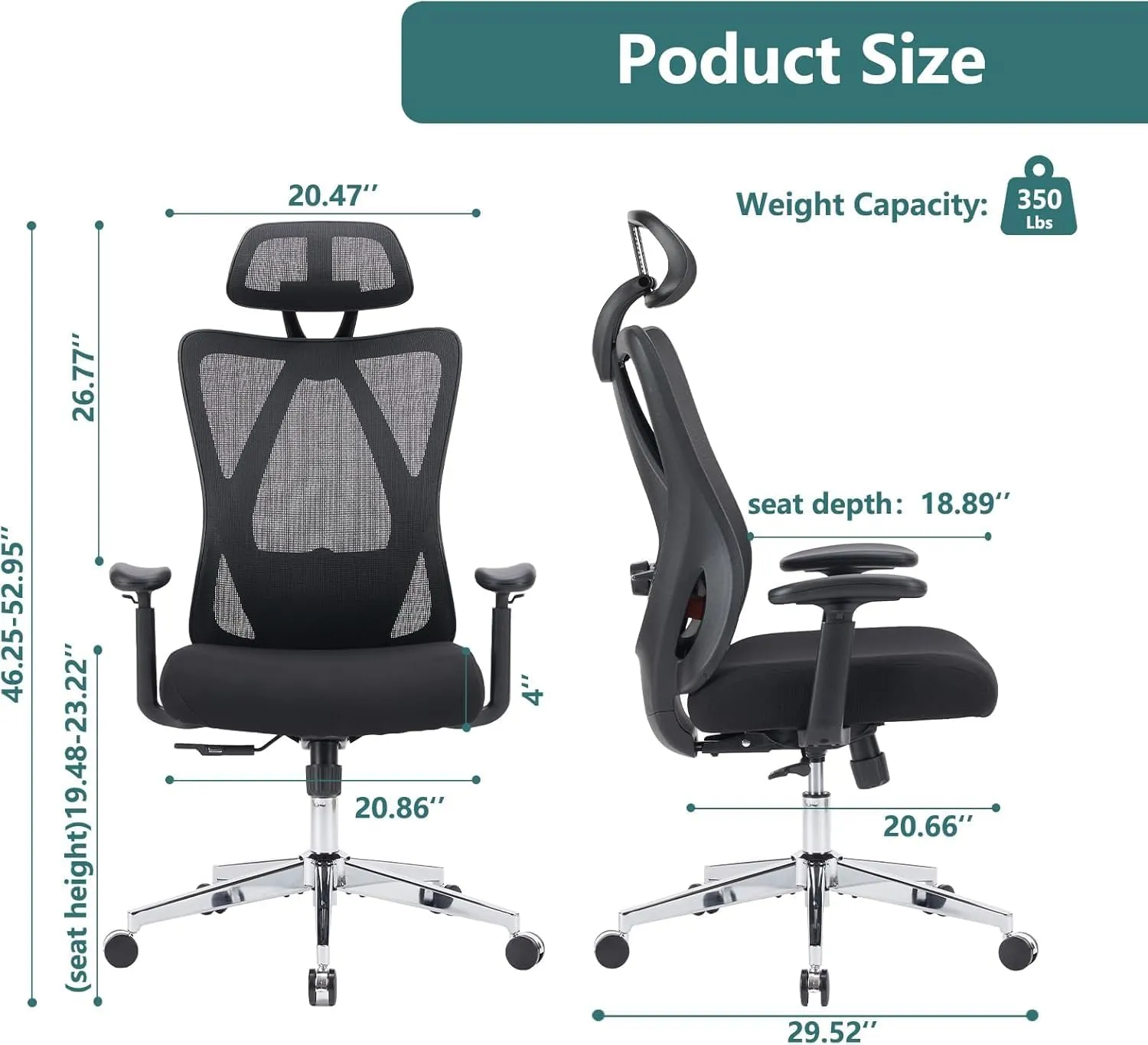 Sweetcrispy Ergonomic Office Desk Chair,2D Armrest Adjustable Lumbar Support & Headrest,High Back Rolling Work Swivel Computer Chairs with Wheels,135°Tilt Function,Inky