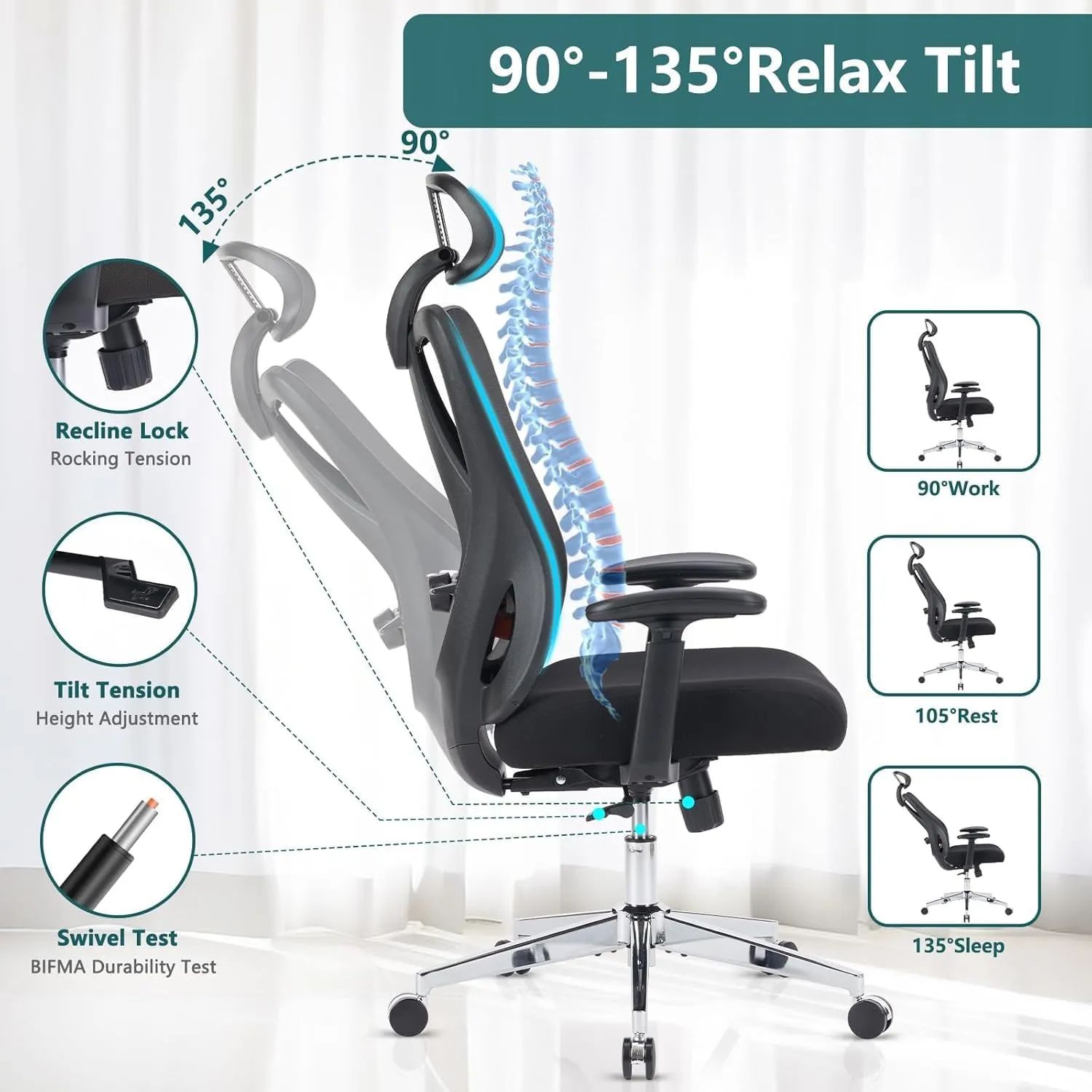 Sweetcrispy Ergonomic Office Desk Chair,2D Armrest Adjustable Lumbar Support & Headrest,High Back Rolling Work Swivel Computer Chairs with Wheels,135°Tilt Function,Inky