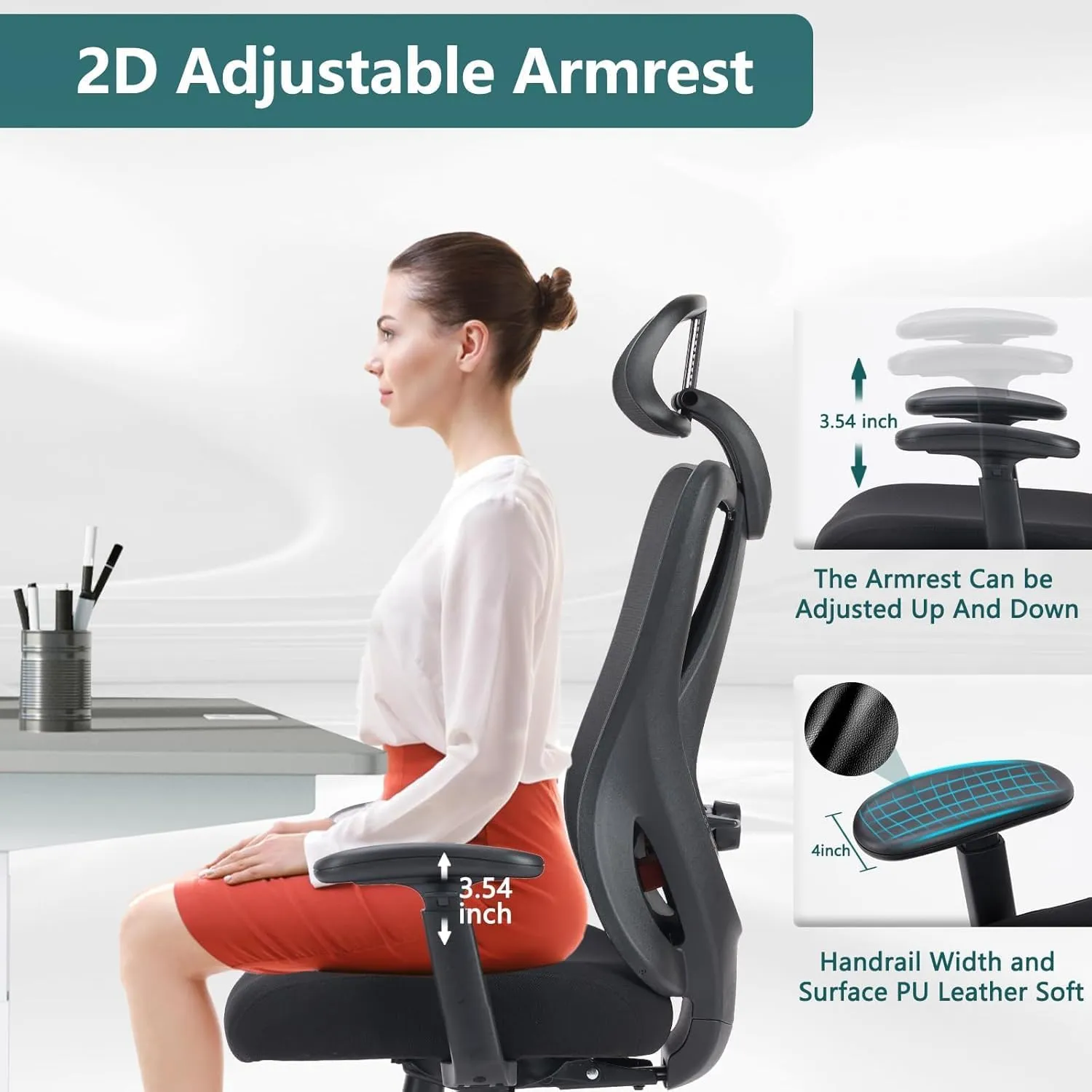 Sweetcrispy Ergonomic Office Desk Chair,2D Armrest Adjustable Lumbar Support & Headrest,High Back Rolling Work Swivel Computer Chairs with Wheels,135°Tilt Function,Inky