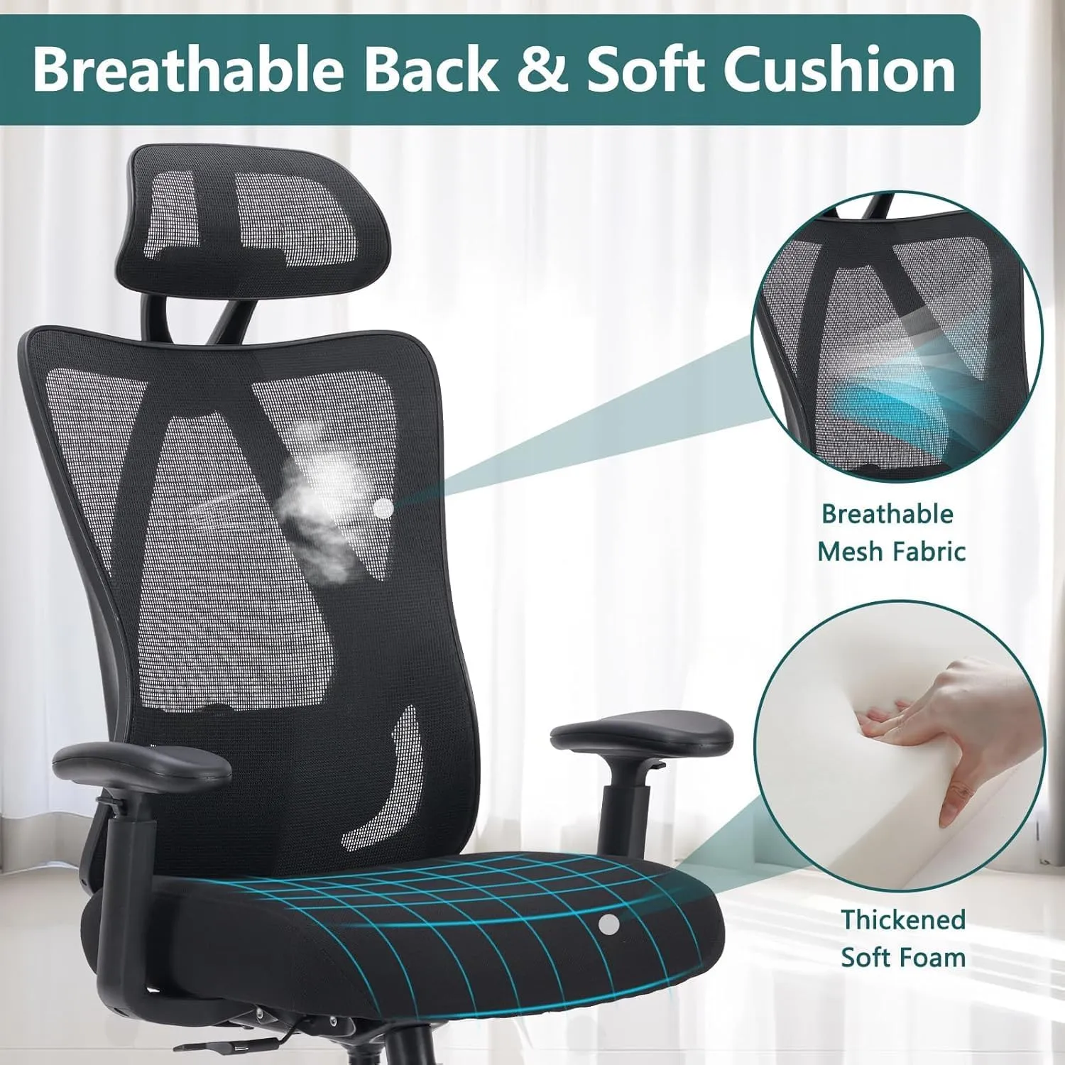 Sweetcrispy Ergonomic Office Desk Chair,2D Armrest Adjustable Lumbar Support & Headrest,High Back Rolling Work Swivel Computer Chairs with Wheels,135°Tilt Function,Inky