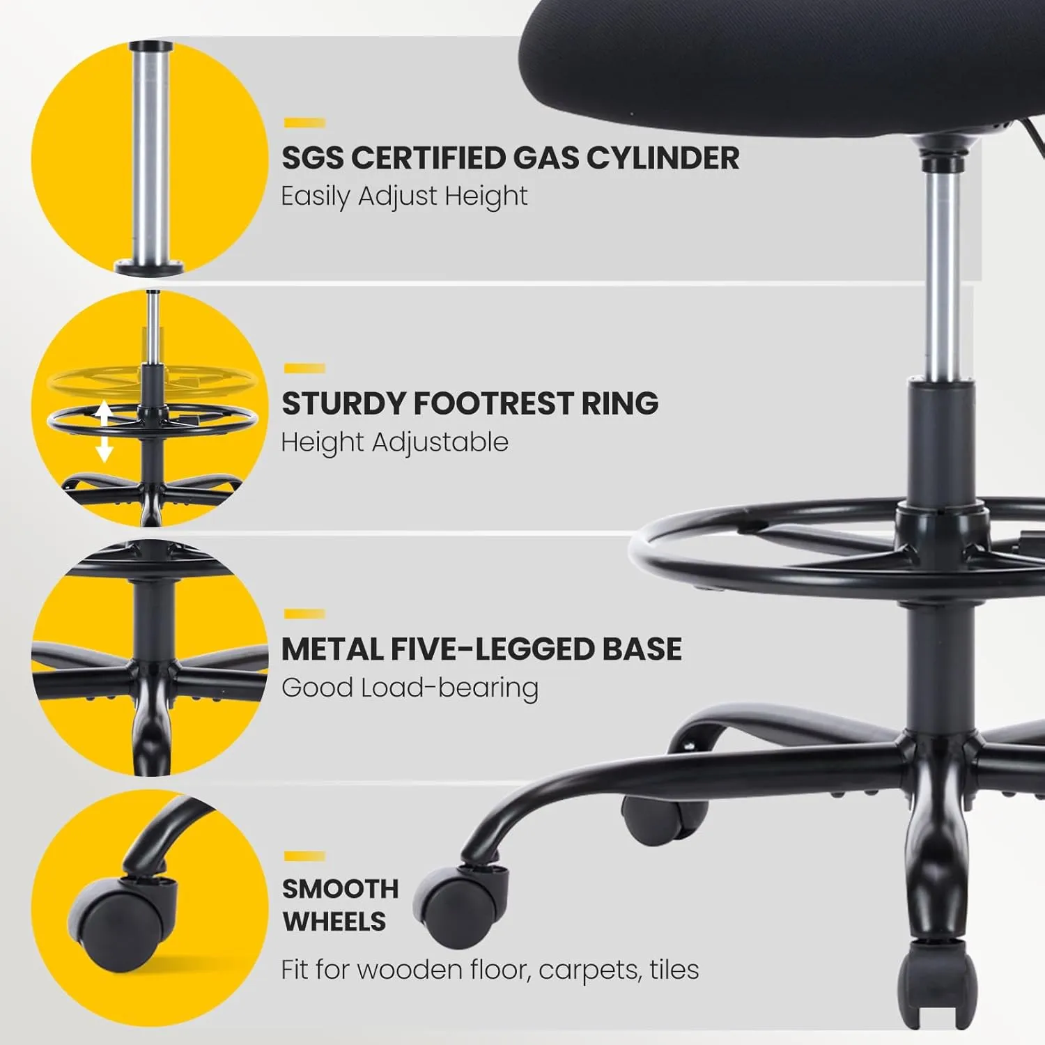 Sweetcrispy Tall Drafting Desk Chair - Ergonomic High Stool Computer with Adjustable Height and Comfy Lumbar Support, Office Rolling Counter with Flip-up Arm and Footrest, Black