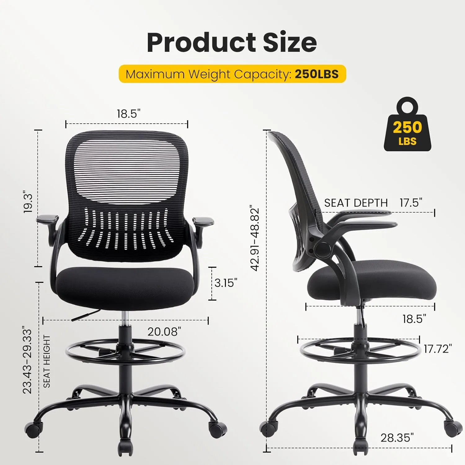 Sweetcrispy Tall Drafting Desk Chair - Ergonomic High Stool Computer with Adjustable Height and Comfy Lumbar Support, Office Rolling Counter with Flip-up Arm and Footrest, Black