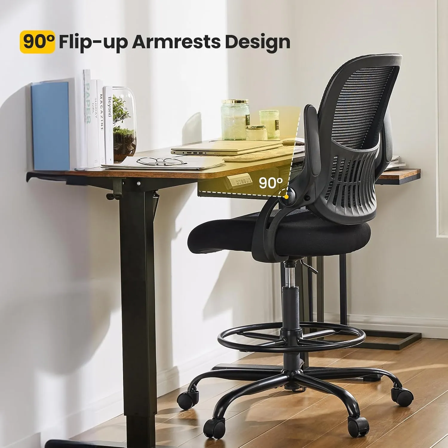 Sweetcrispy Tall Drafting Desk Chair - Ergonomic High Stool Computer with Adjustable Height and Comfy Lumbar Support, Office Rolling Counter with Flip-up Arm and Footrest, Black