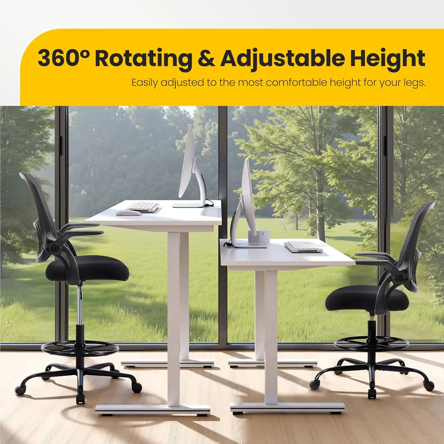Sweetcrispy Tall Drafting Desk Chair - Ergonomic High Stool Computer with Adjustable Height and Comfy Lumbar Support, Office Rolling Counter with Flip-up Arm and Footrest, Black