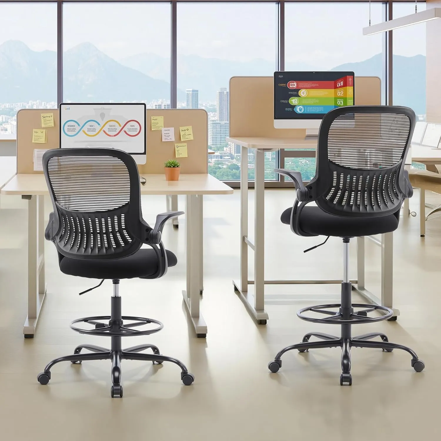 Sweetcrispy Tall Drafting Desk Chair - Ergonomic High Stool Computer with Adjustable Height and Comfy Lumbar Support, Office Rolling Counter with Flip-up Arm and Footrest, Black
